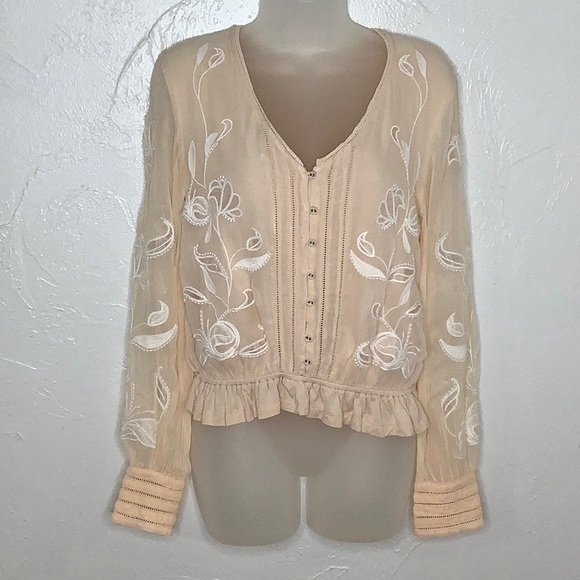 Anthropologie v neck embroidered shear sleeves elastic waist blouse size XS EUC - Picture 13 of 15